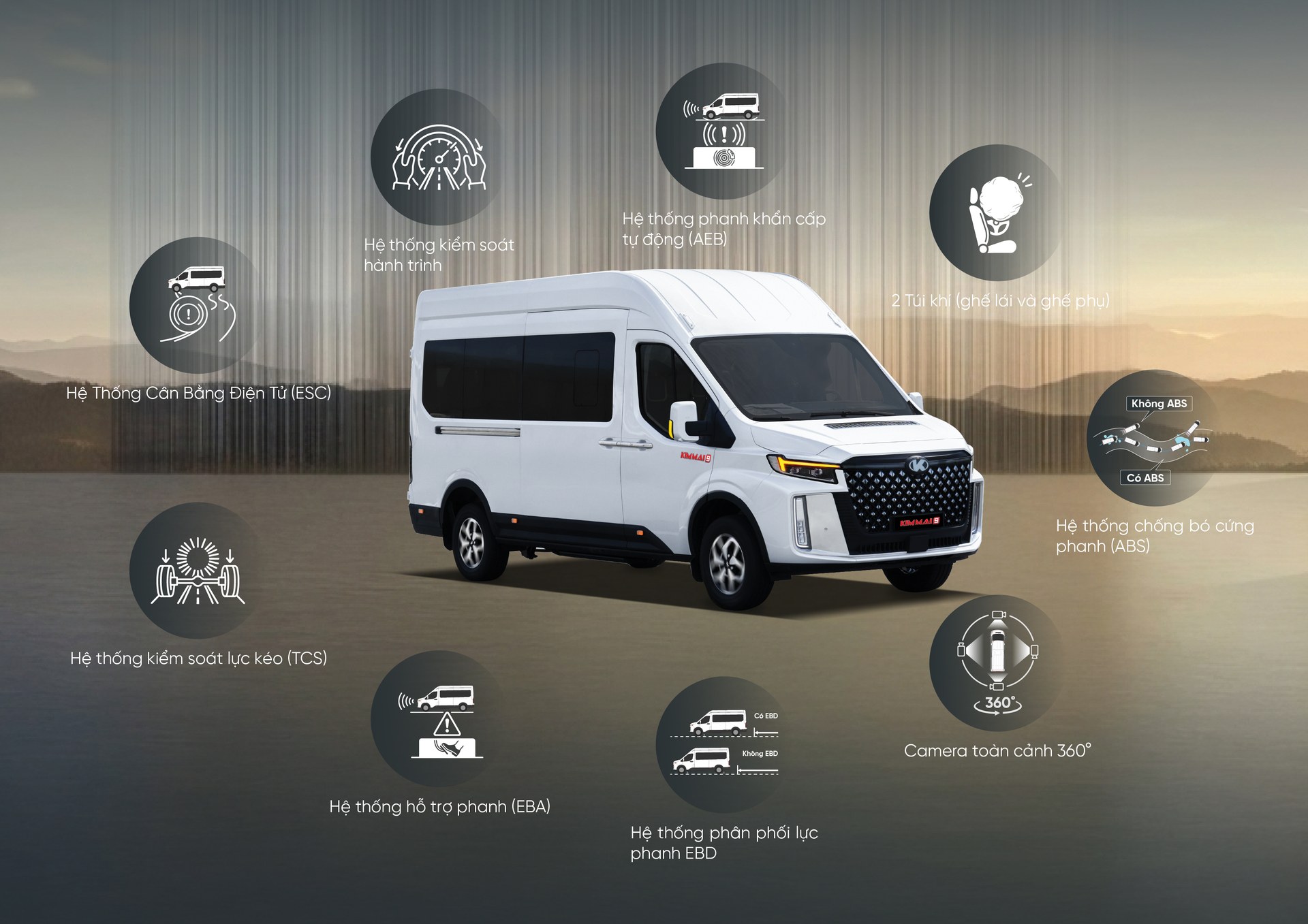 Hệ thống an toàn ESC, TCS, túi khí, ABS, AEB trên Kim Long Kim Mai 9