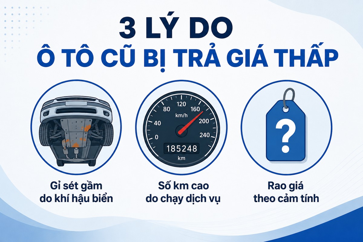 3 lý do ô tô cũ bị trả giá thấp: gỉ sét gầm do khí hậu biển, số km cao do chạy dịch vụ, rao giá theo cảm tính
