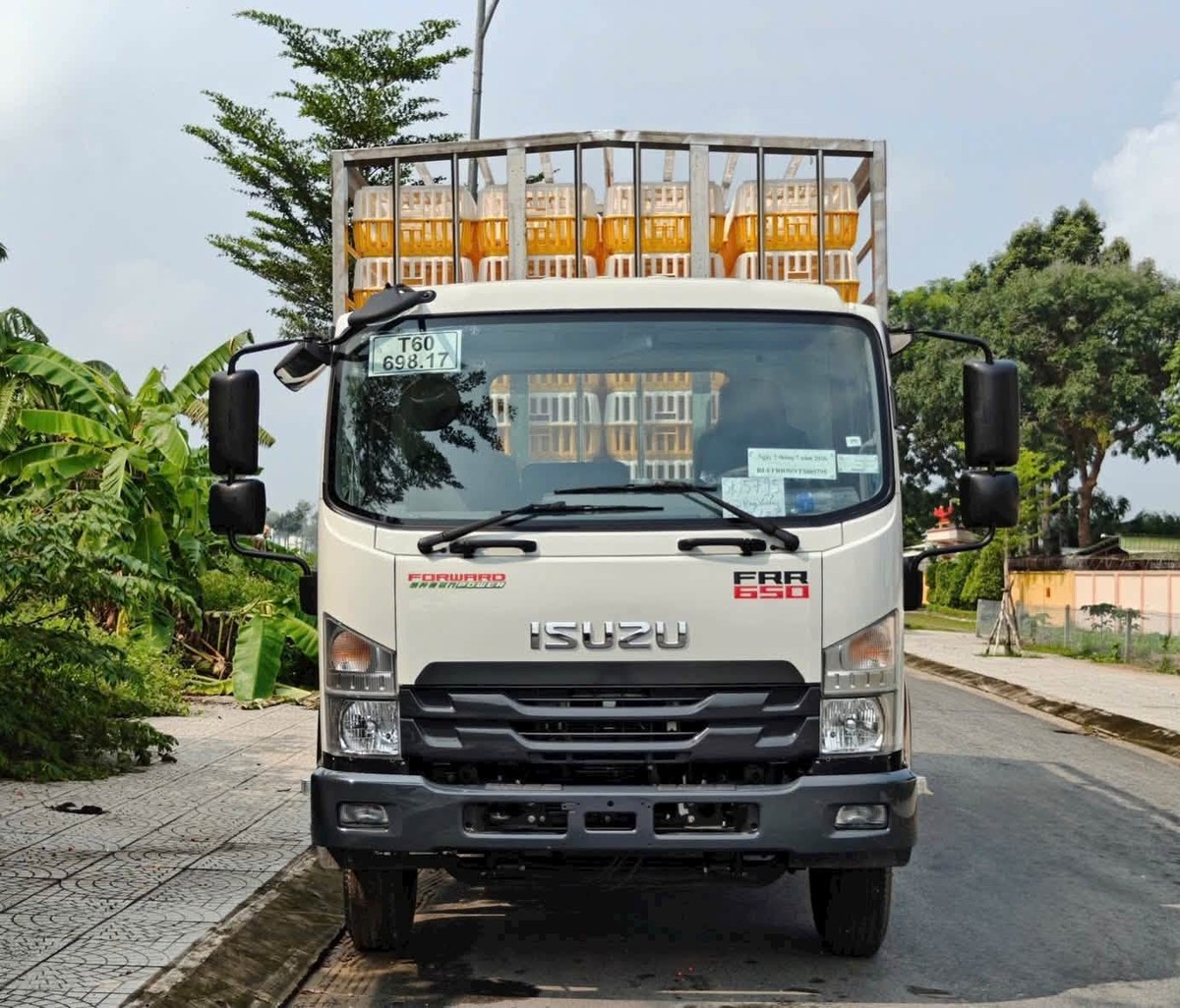 Đầu xe Isuzu FRR 650 chở gia cầm nhìn chính diện với khung thùng inox