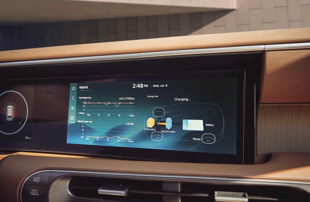 Màn hình cong hiển thị dòng năng lượng hybrid trên Hyundai Palisade Hybrid