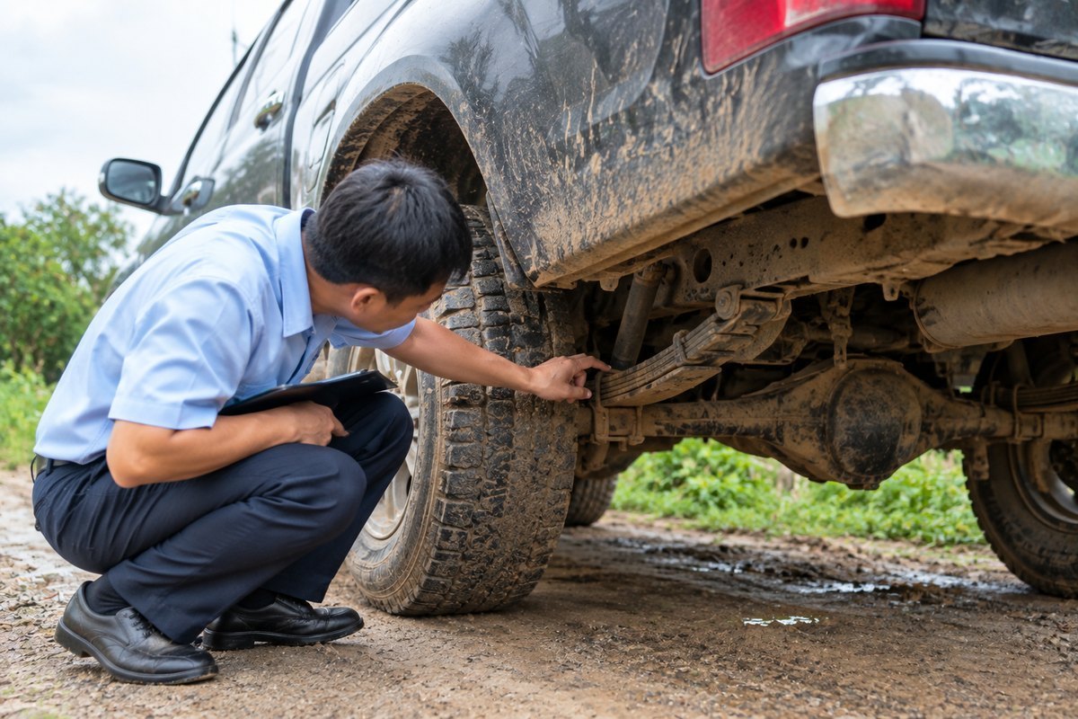 Chuyên viên kiểm tra nhíp và gầm xe bán tải cũ bám bùn