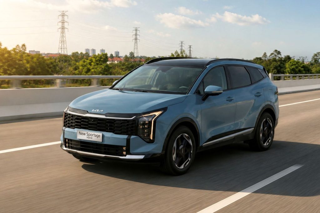 New Sportage Hybrid màu xanh dương chạy trên đường cao tốc ngoại ô