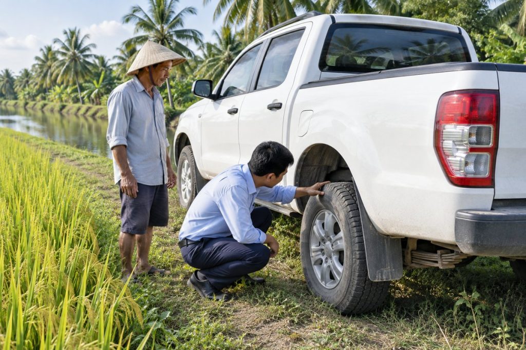 Chuyên viên kiểm tra nhíp và thùng chiếc bán tải trắng bên ruộng lúa và kênh nước ở Kiên Giang