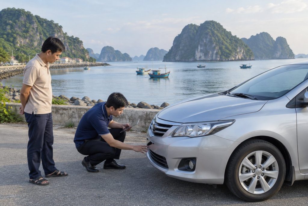 Chuyên viên kiểm tra chiếc sedan bạc bên đường ven biển có núi đá và vịnh nhỏ ở Hà Tiên