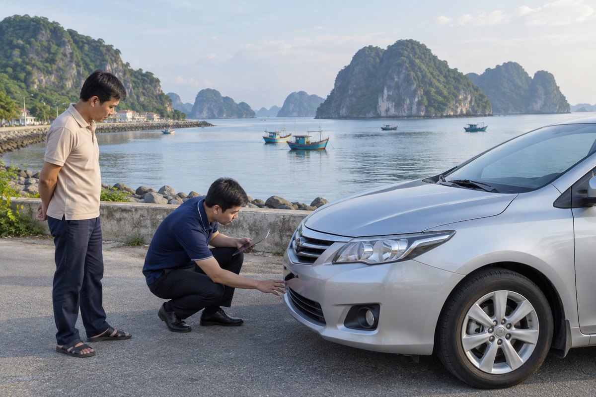 Chuyên viên kiểm tra chiếc sedan bạc bên đường ven biển có núi đá và vịnh nhỏ ở Hà Tiên