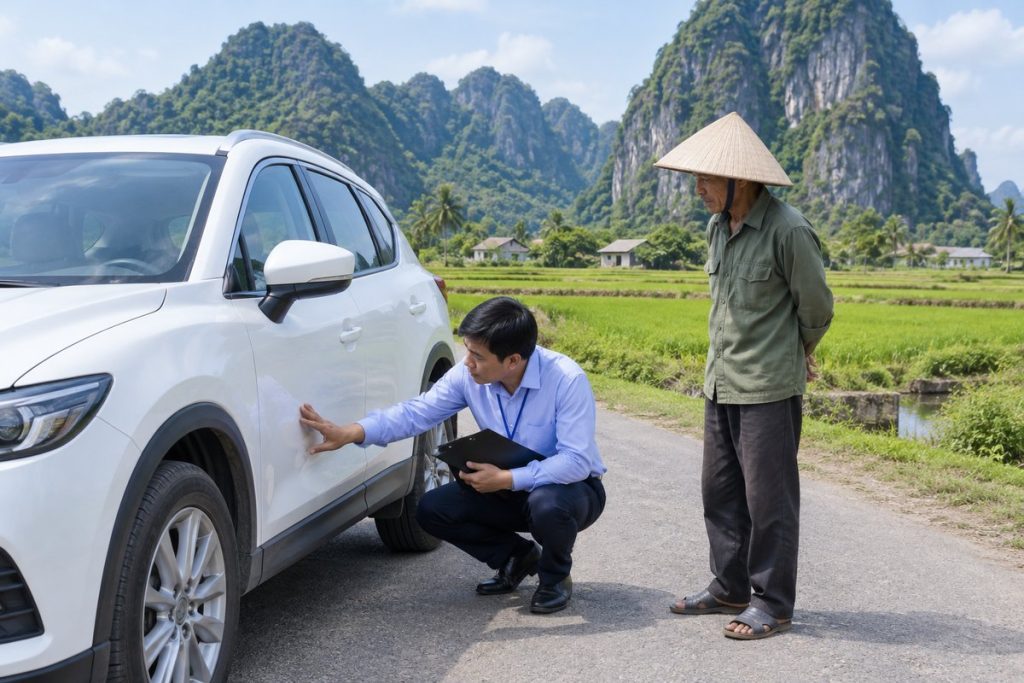 Chuyên viên kiểm tra thân xe trắng bên đường nông thôn có núi đá vôi và ruộng lúa ở Kiên Lương